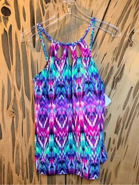 NWT Caribbean Joe Vibrant Ikat Halter swim Top. Size: 12 - Pink, Teal & Purple